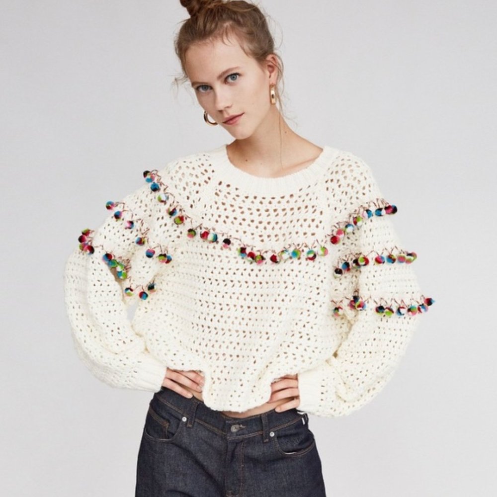 ZARA Wool Blend Open Knit Pom-Pom Sweater